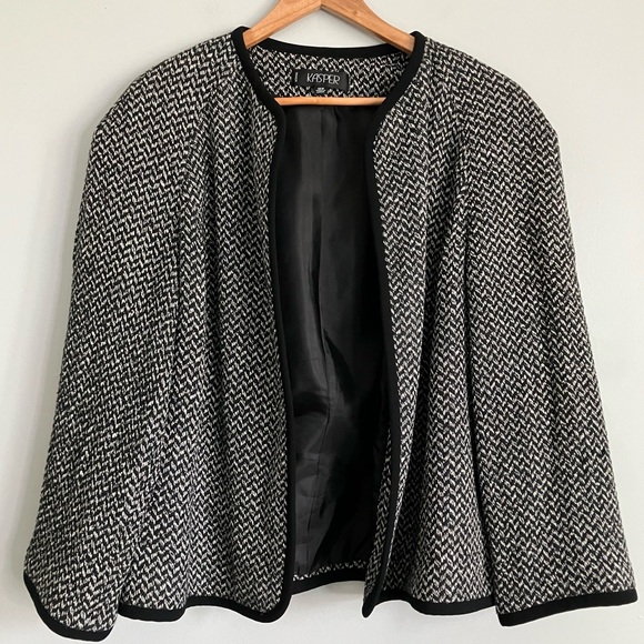Kasper Jackets & Blazers - KASPER Black & White Silk and Cotton Blend Open Front Blazer Size 18W